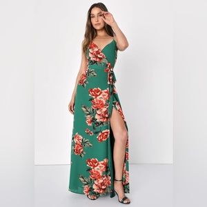 Floral Flirtation Dark Green Floral Print Wrap Maxi Dress